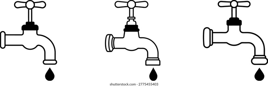 Set of water tab line art vector. Water Tap Icon Set Vector Illustration Dripping Faucet Flat Line Design.