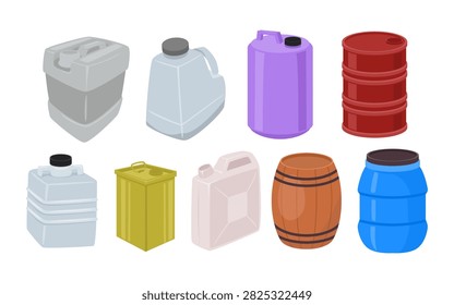 Set of water tank collection, liquid storage containers, Jerry Can, metal tank, plastic water jug, wooden, barrel, drum, chemical and industrial tanks. Isolated on white background vector illustration