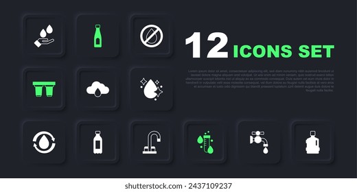 Set Water tap, Big bottle with clean water, Cloud rain, Test tube drop, filter cartridge, Bottle of,  and  icon. Vector