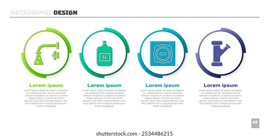 Conjunto de grifo de agua, botella grande con agua limpia, alcantarilla de alcantarilla y tubería metálica de la industria. Plantilla de infografía de negocios. Vector