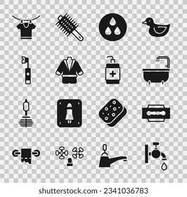Set Water tap, Blade razor, Baignoire, goutte, Peignoir, Brosse à dents électrique, Sécher les vêtements et icône Bouteille de désinfectant à la Main. Image vectorielle