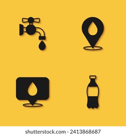 Set Water tap, Bottle of water, drop with location and  icon with long shadow. Vector
