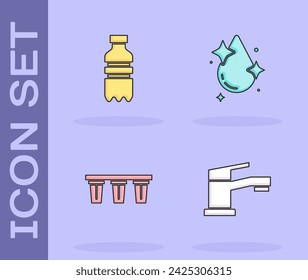 Set Grifo de agua, Botella de agua, filtro e icono de gota. Vector