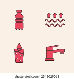 Set Water tap, Bottle of water, Waves and evaporation and Glass with icon. Vector