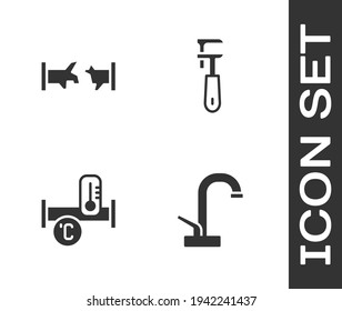 Fijar el grifo de agua, el tubo roto, el icono de la llave metálica de la industria y la llave regulable de la tubería. Vector
