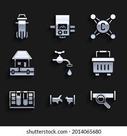 Set Water tap, Broken pipe, Industry metallic, Toolbox, Test tube with water drop, supply pipes,  and filter icon. Vector