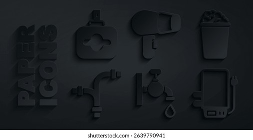 Set Water tap, Bucket with soap suds, Industry metallic pipe, Electric boiler, Hair dryer and Perfume icon. Vector