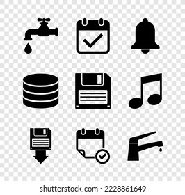 Set Water tap, Calendar with check mark, Ringing bell, Floppy disk backup, and icon. Vector