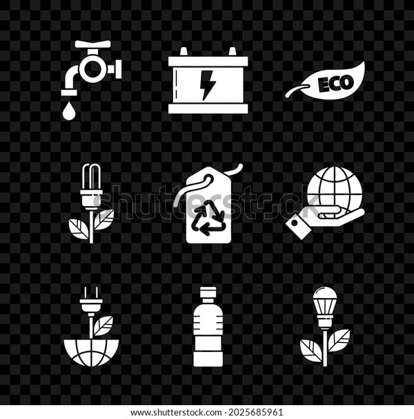 Set Water tap, Car battery, Leaf Eco symbol,\
Electric saving plug in leaf, Bottle of water, Light bulb with, \
and Tag recycle icon.\
Vector