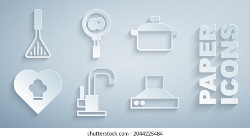 Set Water tap, Cooking pot, Chef hat, Kitchen extractor fan, Fried eggs on frying pan and Barbecue spatula icon. Vector