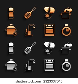 Set Water tap, Cooking pot, Stopwatch, Oven, Broken egg, Pepper and Kitchen whisk icon. Vector
