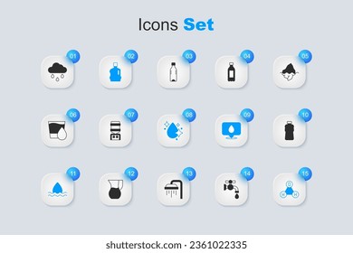 Set Water tap, cooler, Big bottle with clean water, drop, Chemical formula H2O, Bottle of, Cloud rain and  icon. Vector