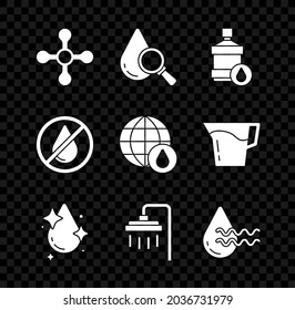Set Water tap, Drop and magnifying glass, Big bottle with clean water, drop, Shower, Recycle aqua, forbidden and Earth planet icon. Vector