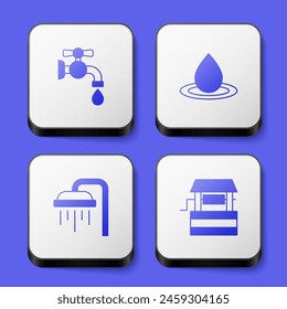 Set Grifo de agua, gota, ducha y pozo icono. Botón cuadrado blanco. Vector