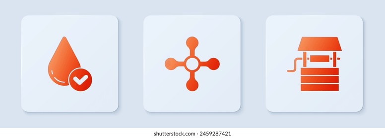 Set Water tap, drop and Well with bucket. White square button. Vector