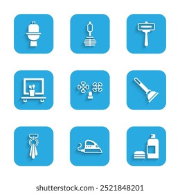 Set Water tap, Electric iron, Bottle of shampoo, Rubber plunger, Towel hanger, Washbasin mirror, Shaving razor and Toilet bowl icon. Vector