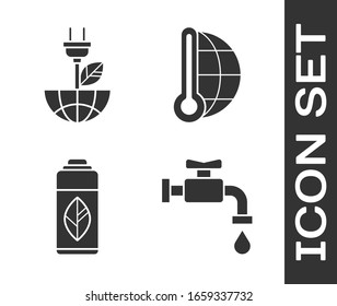 Ajuste el grifo de agua, el tapón de ahorro eléctrico en la hoja, el frasco de plástico de reciclaje y el icono de medición del termómetro de meteorología. Vector