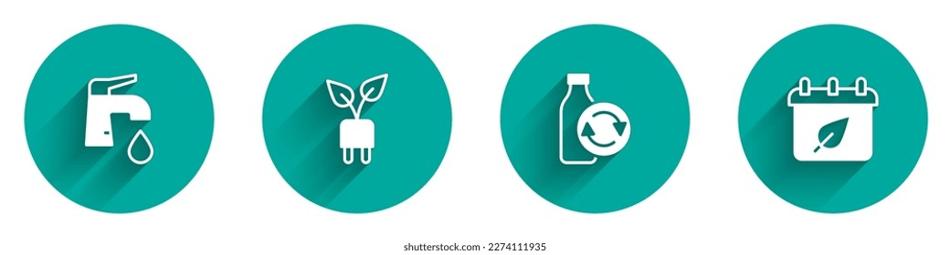 Set Water tap, Electric saving plug in leaf, Recycling plastic bottle and Calendar with autumn leaves icon with long shadow. Vector