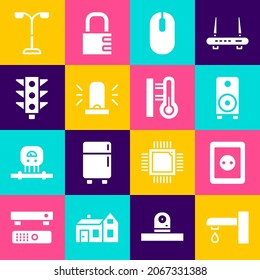 Set Water tap, Electrical outlet, Stereo speaker, Computer mouse, Flasher siren, Traffic light, Street and Meteorology thermometer icon. Vector