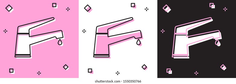 Set Water tap with a falling water drop icon isolated on pink and white, black background.  Vector Illustration