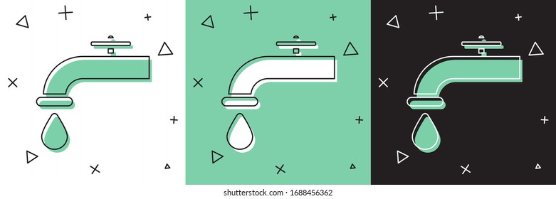 Ajuste el grifo de agua con un icono de gota de agua que cae aislado en fondo blanco y verde y negro. Ilustración vectorial