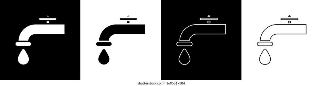 Set Water tap with a falling water drop icon isolated on black and white background.  Vector Illustration