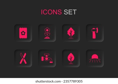 Set Water tap, Flower, Pack full of seeds, Tree, Wooden axe, Sunrise,  and Gardening scissors icon. Vector