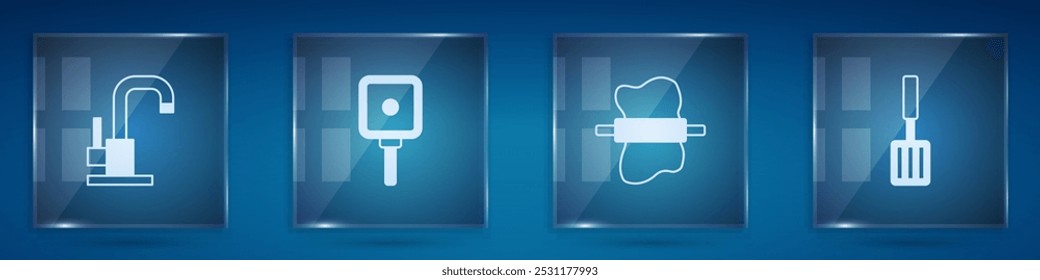 Set Water tap, Frying pan, Rolling pin on dough and Barbecue spatula. Square glass panels. Vector