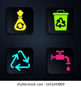 Set Water tap, Garbage bag with recycle, Recycle symbol and Recycle bin with recycle symbol. Black square button. Vector