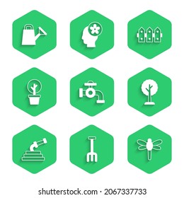 Set Water tap, Garden rake, Dragonfly, Forest, hose, fence wooden and Watering can icon. Vector