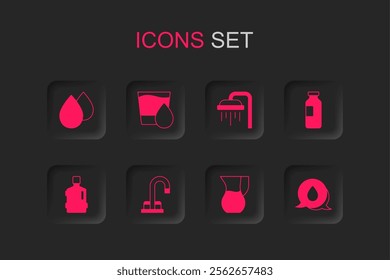 Set Water tap, Glass with water, drop, Jug glass, Bottle of, speech bubbles, Shower and Big bottle clean icon. Vector