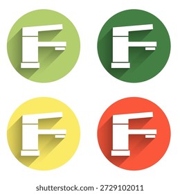 Establecer icono de grifo de agua aislado con fondo de sombra larga. Botón de círculo de color. Vector