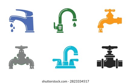 Set of water tap icons, including a dripping faucet and a vintage spigot, isolated on background.