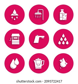Set Water tap, jug with filter, drop, Well bucket, Bottle of water glass and Recycle clean aqua icon. Vector
