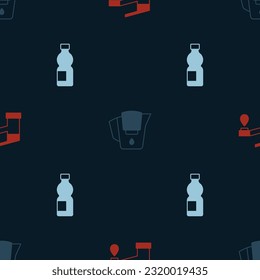 Wasserhahn, Krug mit Filter und Flasche Wasser auf nahtlosen Mustern. Vektorgrafik