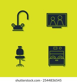 Set Water tap, Kitchen dishwasher machine, Office chair and Picture frame on table icon. Vector