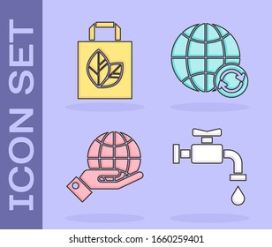 Set Water tap, Paper shopping bag with recycle, Human hands holding Earth globe and Planet earth and a recycling icon. Vector