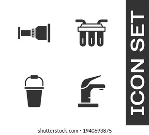 Set Water tap, Pipe adapter, Bucket and filter icon. Vector