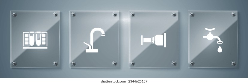 Ajuste el grifo de agua, el adaptador de tubería y el tubo de ensayo con gota de agua. Paneles de vidrio cuadrado. Vector