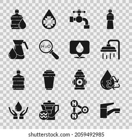 Set Water tap, Recycle clean aqua, Shower head, Chemical formula for H2O, Jug glass with water, Big bottle and drop location icon. Vector