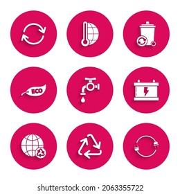 Set Water tap, Recycle symbol, Electric plug, Car battery, Planet earth and recycling, Leaf Eco, bin with recycle and Refresh icon. Vector