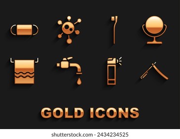 Set Water tap, Round makeup mirror, Straight razor, Bottle with nozzle spray, Towel on hanger, Toothbrush, Medical protective mask and Virus icon. Vector