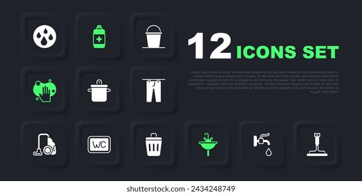 Set Water tap, Rubber cleaner for windows, Cooking pot, Washbasin, Sponge, Toilet, Antibacterial soap and Trash can icon. Vector