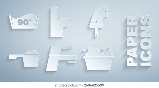 Set Water tap, Rubber cleaner for windows, Washing powder, Basin with soap suds, Toilet bowl and Temperature wash icon. Vector