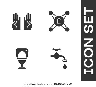 Fijar grifo de agua, guantes de goma, tazón de inodoro e icono. Vector