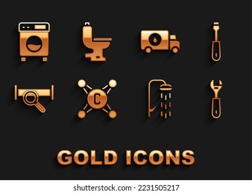 Set Water tap, Screwdriver, Wrench spanner, Shower, Industry metallic pipe, Plumber service car, Washer and Toilet bowl icon. Vector