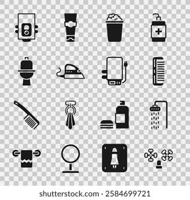 Set Water tap, Shower, Hairbrush, Bucket with soap suds, Electric iron, Toilet bowl, Gas boiler and  icon. Vector