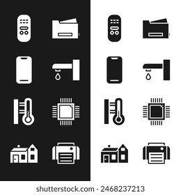 Set Water tap, Smartphone, Remote control, Printer, Meteorology thermometer, Processor with microcircuits CPU,  and House icon. Vector