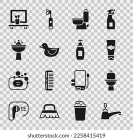 Set Water tap, Toilet bowl, Tube of toothpaste, Rubber duck, Washbasin with water, mirror and Bottle liquid soap icon. Vector