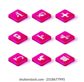 Set Water tap, Toilet bowl, Plumber service car, Industry pipe and manometer, Toolbox, metallic,  and Pressure water icon. Vector